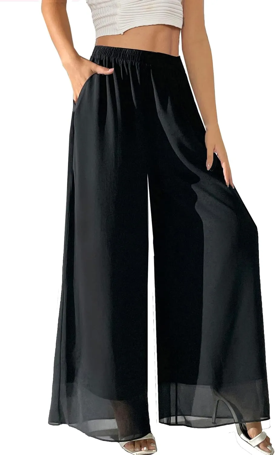 Fakanhui Women's Chiffon Wide Leg Palazzo Pants High Elastic Waist Casual Flowy Business Trousers