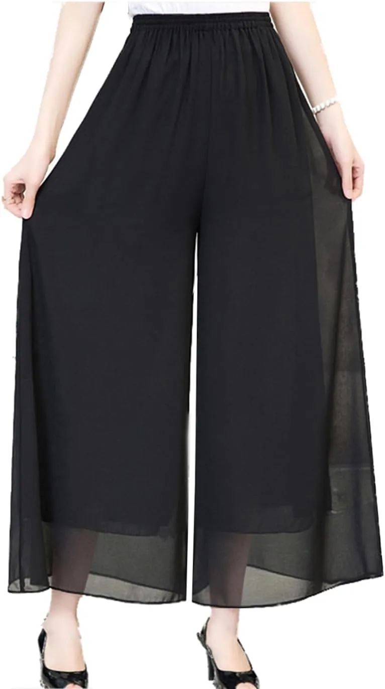 Fakanhui Women's Chiffon Wide Leg Palazzo Pants High Elastic Waist Casual Flowy Business Trousers
