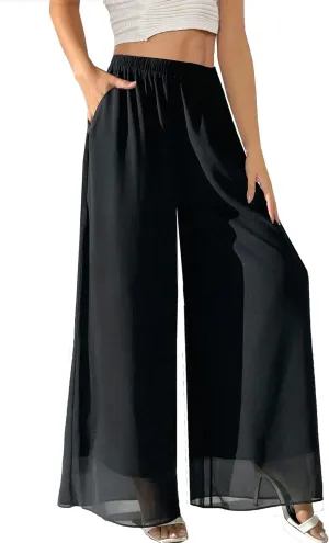Fakanhui Women's Chiffon Wide Leg Palazzo Pants High Elastic Waist Casual Flowy Business Trousers