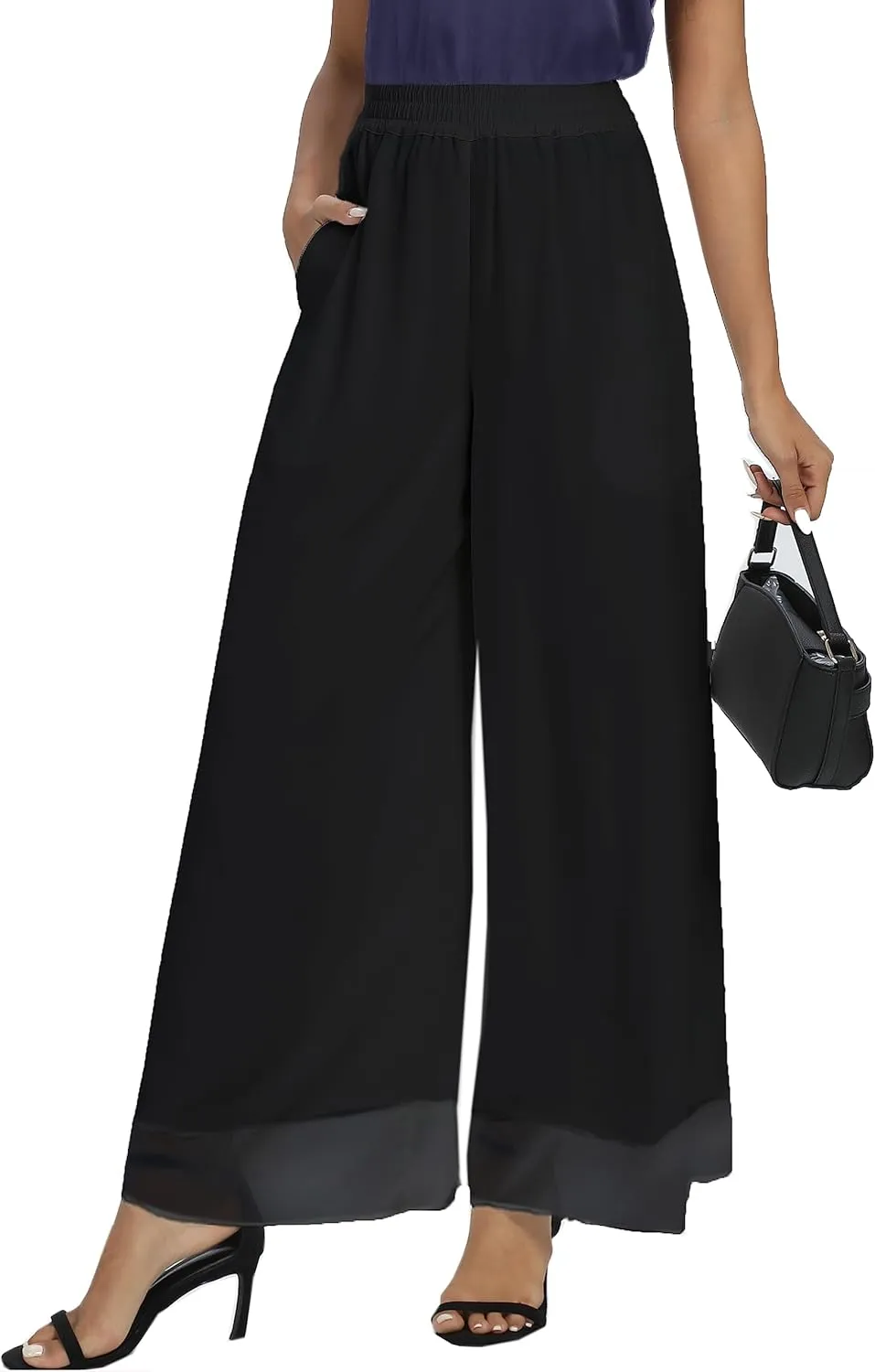 Fakanhui Women's Chiffon Wide Leg Palazzo Pants High Elastic Waist Casual Flowy Business Trousers
