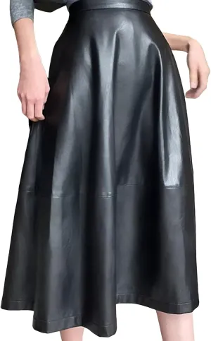 Faux Leather Skirts for Women High Waisted A-Line Pleated Midi Skirt Vintage Casual Stretch Knee Length Party Skirt Clubwear