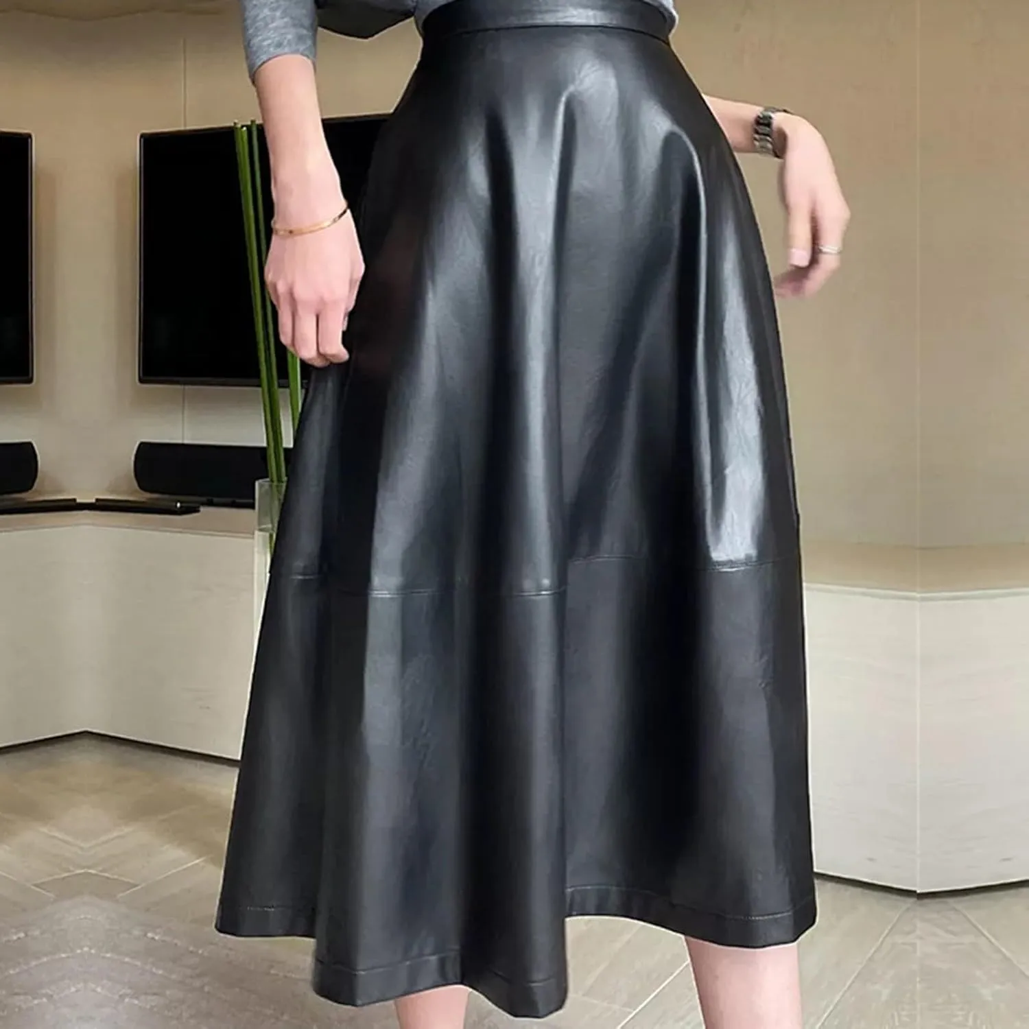 Faux Leather Skirts for Women High Waisted A-Line Pleated Midi Skirt Vintage Casual Stretch Knee Length Party Skirt Clubwear