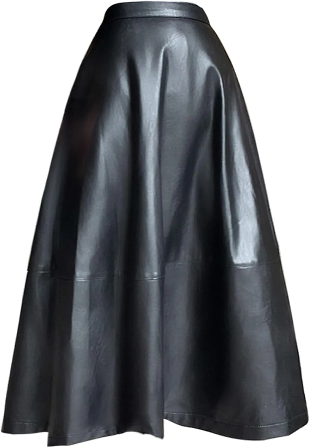 Faux Leather Skirts for Women High Waisted A-Line Pleated Midi Skirt Vintage Casual Stretch Knee Length Party Skirt Clubwear