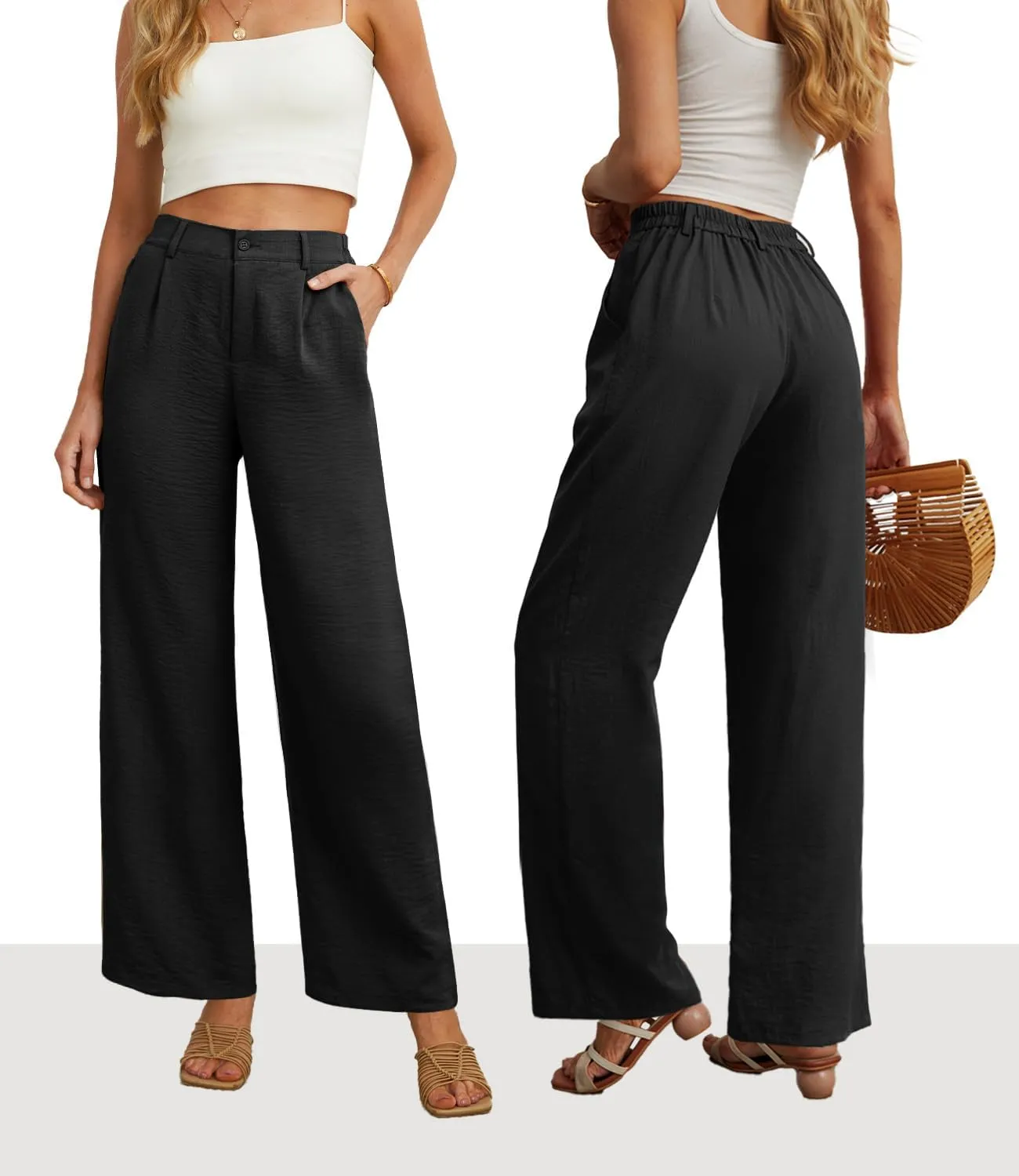 Feiersi Womens Casual Wide Leg Pants High Waisted Button Down Straight Long Trousers Palazzo Pants