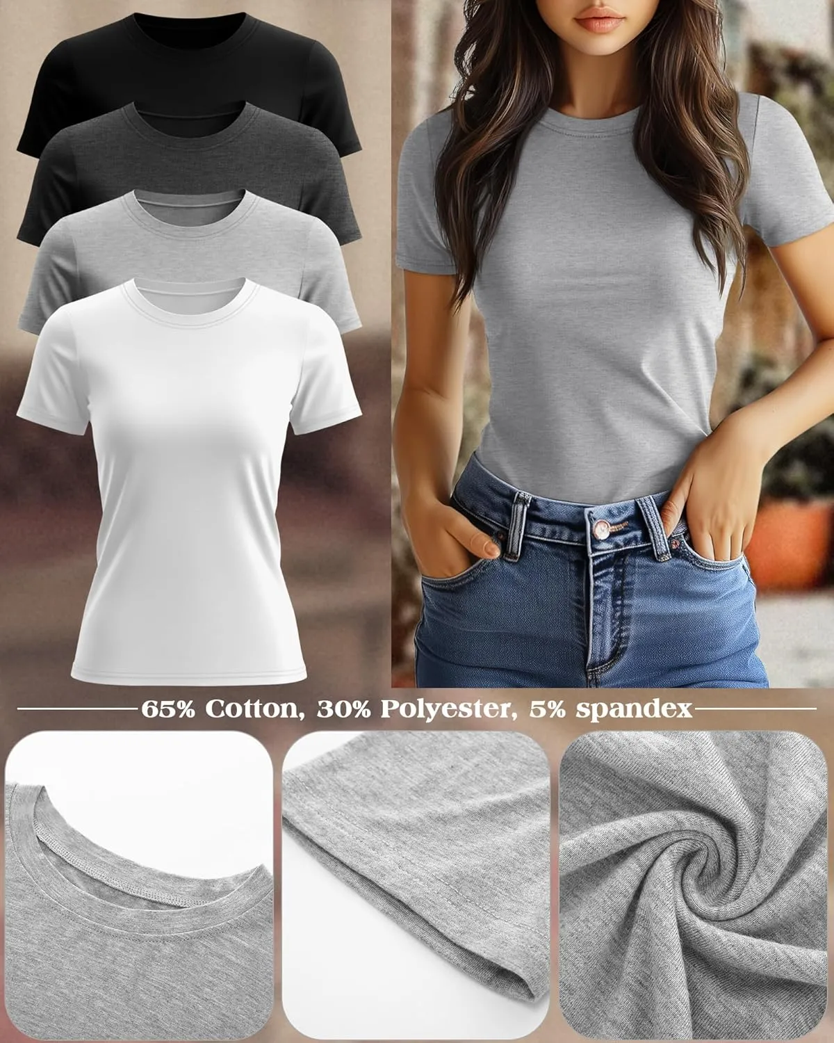 Ficerd 4 Pack Women's Short Sleeve T Shirts Cotton Crew Neck Slim Fitted Tops Basic Casual Shirts Stretchy Going Out Tees