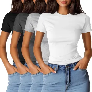 Ficerd 4 Pack Women's Short Sleeve T Shirts Cotton Crew Neck Slim Fitted Tops Basic Casual Shirts Stretchy Going Out Tees
