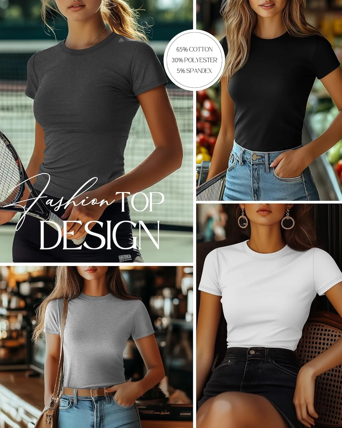 Ficerd 4 Pack Women's Short Sleeve T Shirts Cotton Crew Neck Slim Fitted Tops Basic Casual Shirts Stretchy Going Out Tees