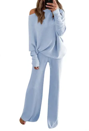 Fixmatti Womens Knitted Outfits 2 Pieces Sweatsuit High Neck Sweater Wide Leg Pant Set