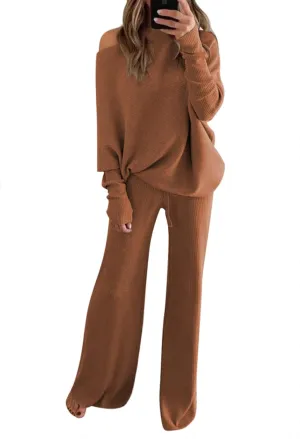 Fixmatti Womens Knitted Outfits 2 Pieces Sweatsuit High Neck Sweater Wide Leg Pant Set