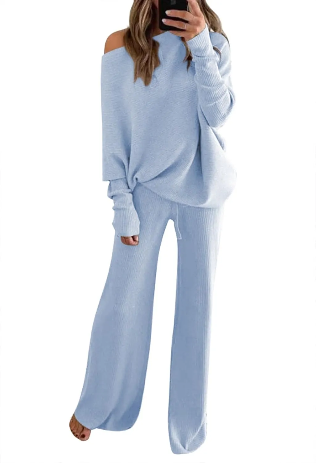 Fixmatti Womens Knitted Outfits 2 Pieces Sweatsuit High Neck Sweater Wide Leg Pant Set