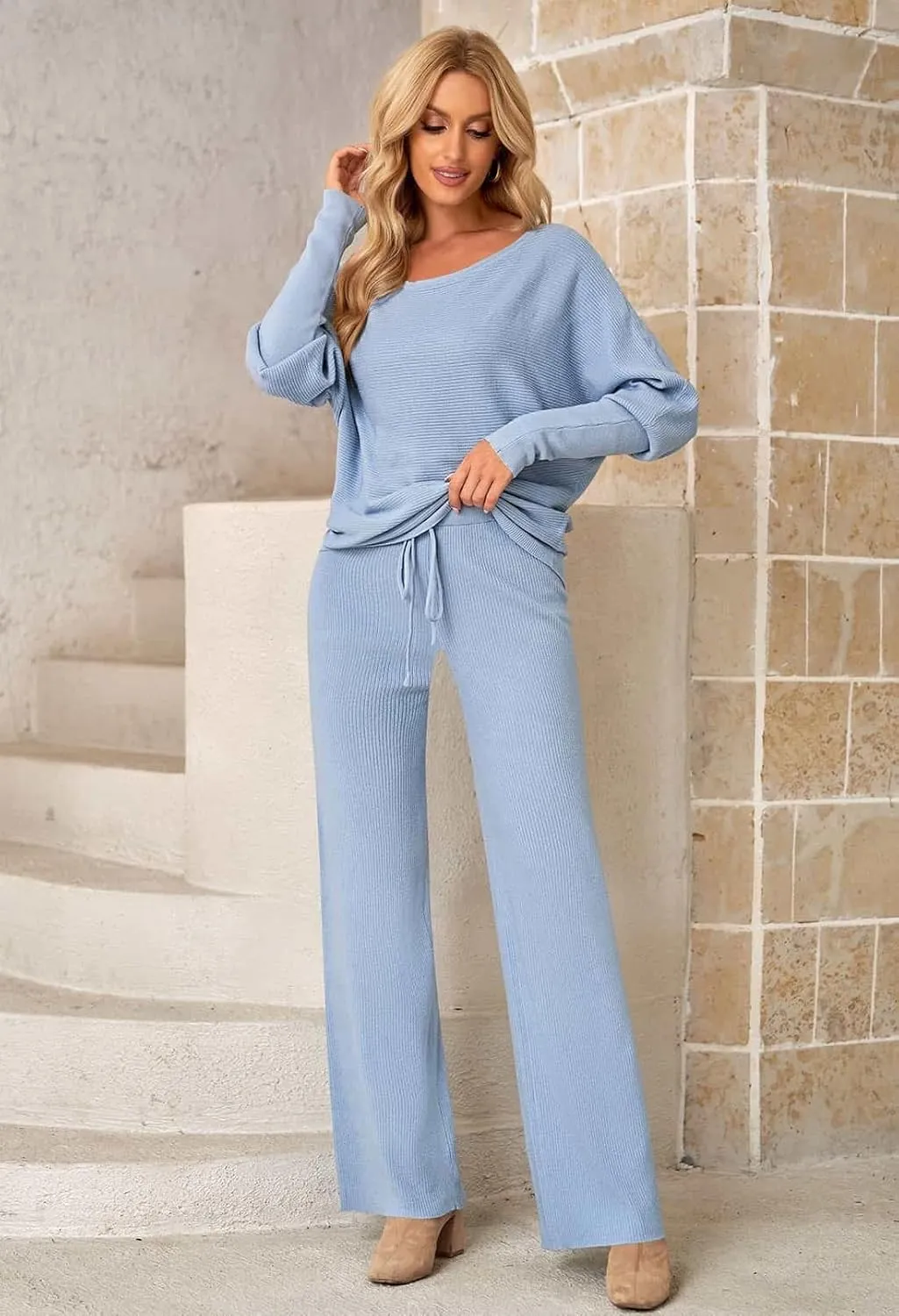 Fixmatti Womens Knitted Outfits 2 Pieces Sweatsuit High Neck Sweater Wide Leg Pant Set