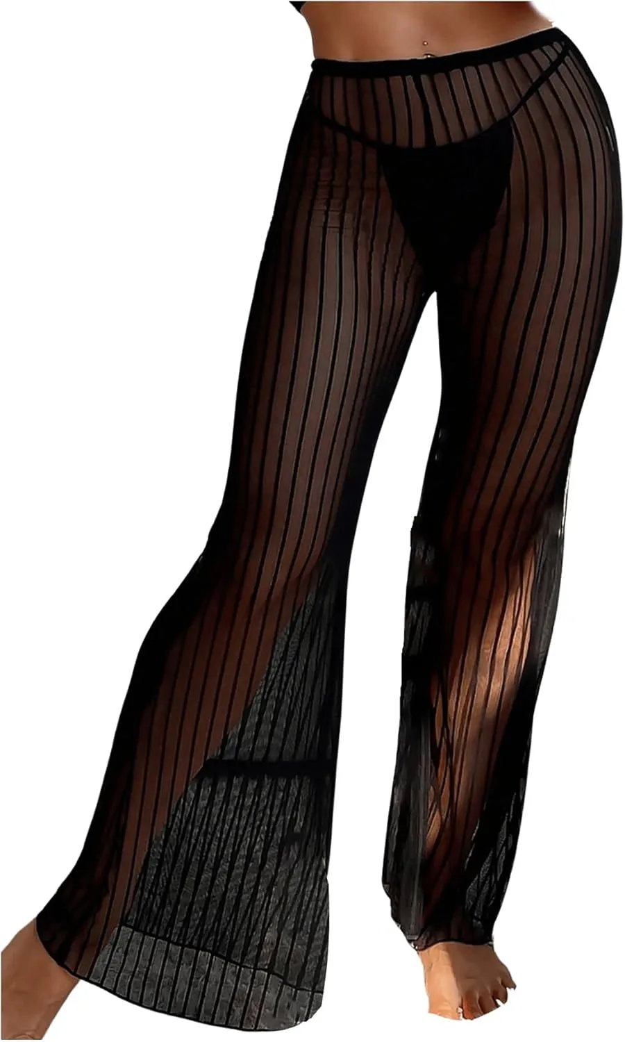 Floerns Women's Glitter Sheer Mesh Flare Leg Bathing Suit Cover Up Pants