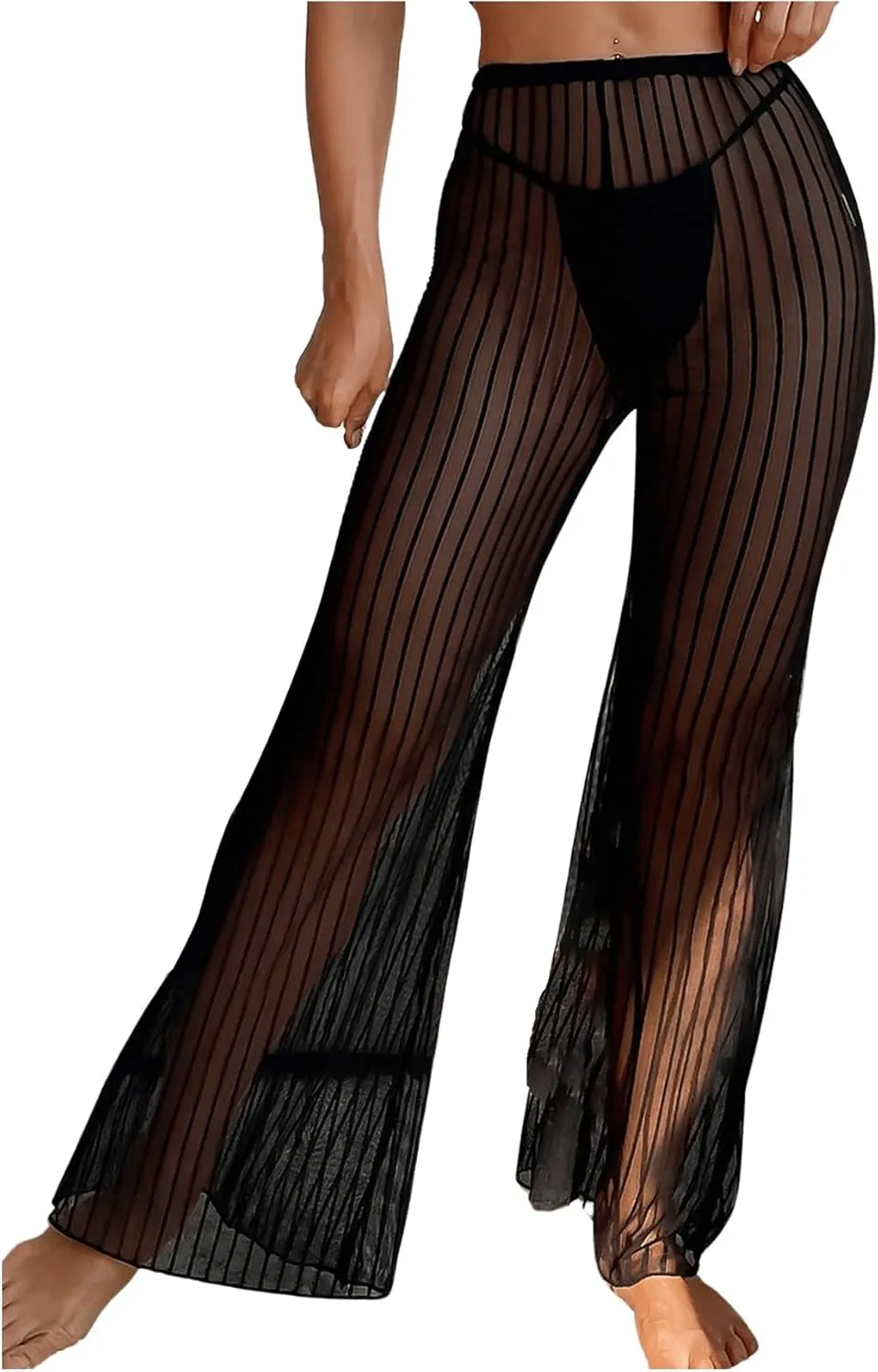Floerns Women's Glitter Sheer Mesh Flare Leg Bathing Suit Cover Up Pants