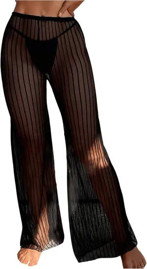 Floerns Women's Glitter Sheer Mesh Flare Leg Bathing Suit Cover Up Pants