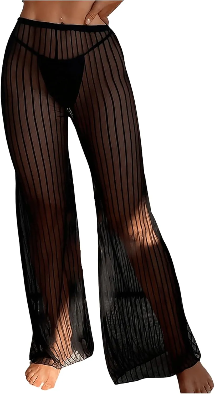 Floerns Women's Glitter Sheer Mesh Flare Leg Bathing Suit Cover Up Pants