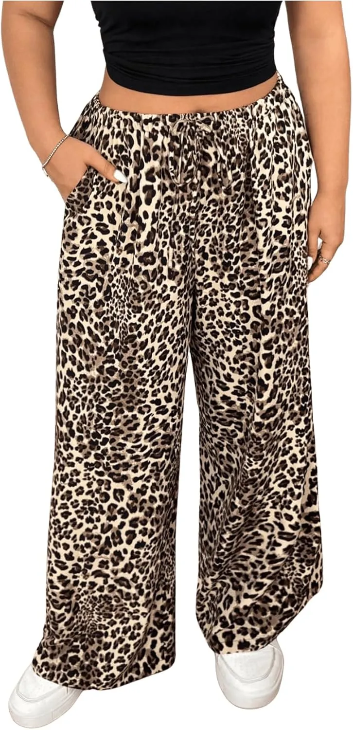 Floerns Women's Plus Size Leopard High Waist Pants Drawstring Wide Leg Trousers