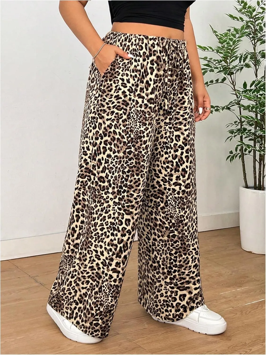 Floerns Women's Plus Size Leopard High Waist Pants Drawstring Wide Leg Trousers