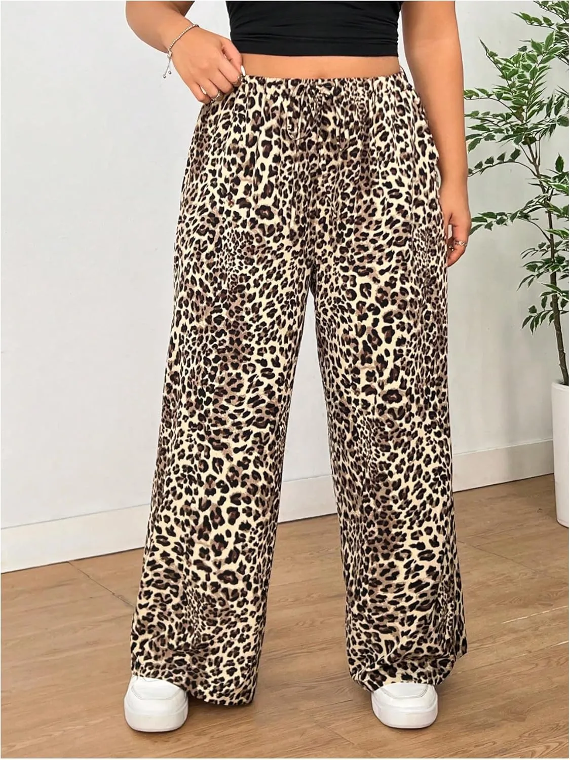 Floerns Women's Plus Size Leopard High Waist Pants Drawstring Wide Leg Trousers