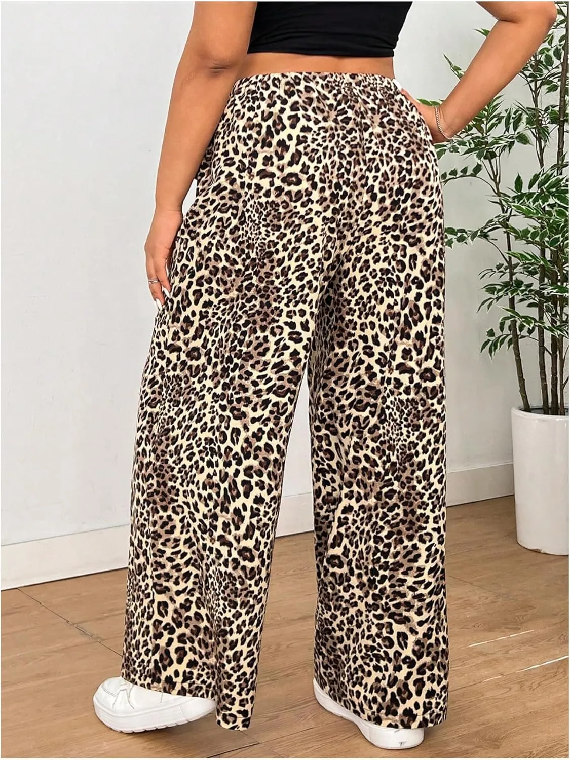 Floerns Women's Plus Size Leopard High Waist Pants Drawstring Wide Leg Trousers