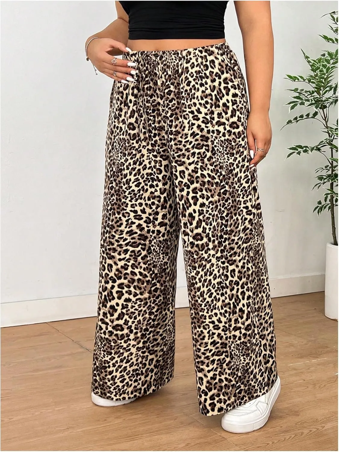 Floerns Women's Plus Size Leopard High Waist Pants Drawstring Wide Leg Trousers