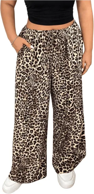 Floerns Women's Plus Size Leopard High Waist Pants Drawstring Wide Leg Trousers