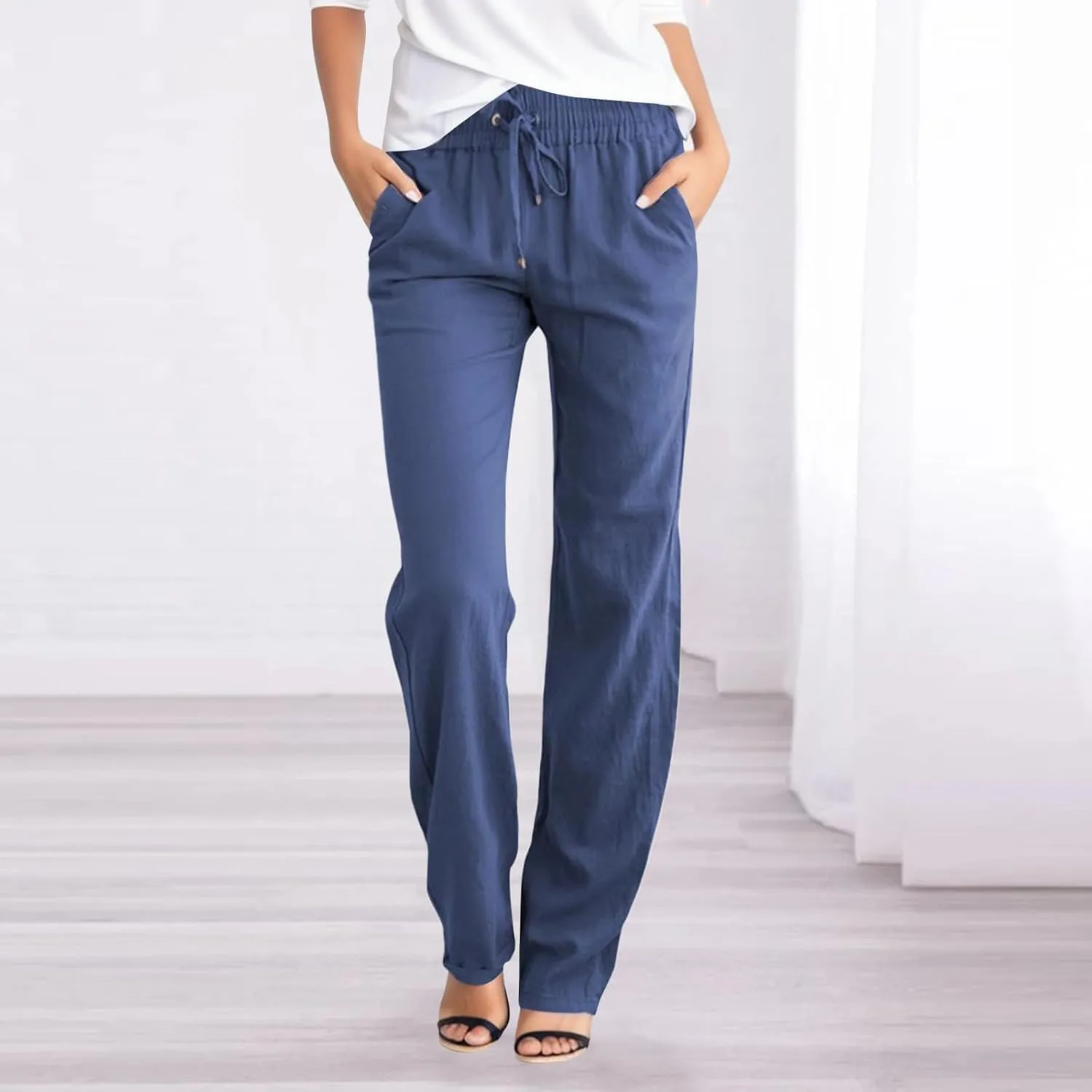 Flowy Pants for Women Elastic Waist Wide Leg Trousers Lightweight Linen Blend Casual Summer Beachwear Loose Fit