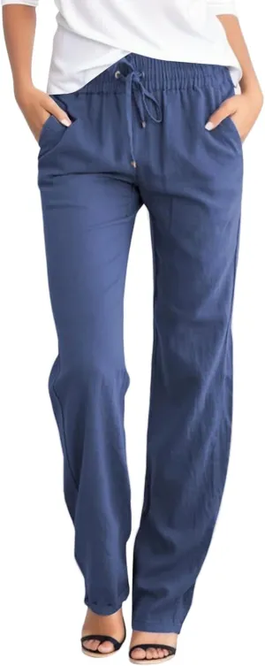 Flowy Pants for Women Elastic Waist Wide Leg Trousers Lightweight Linen Blend Casual Summer Beachwear Loose Fit