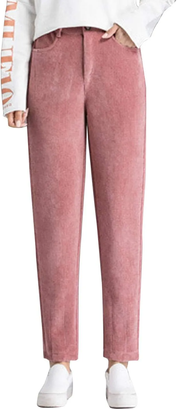 Flygo Womens High Waisted Tapered Corduroy Harem Pants Trousers