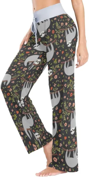 Funny Sloth On Tree Flowers Women'S Pajama Pants Lounge Sleep Wear M