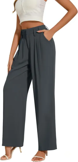 FUNYYZO Women's Loose Pleated Front Long Pants Wide Leg Trousers Solid Causal Dressy