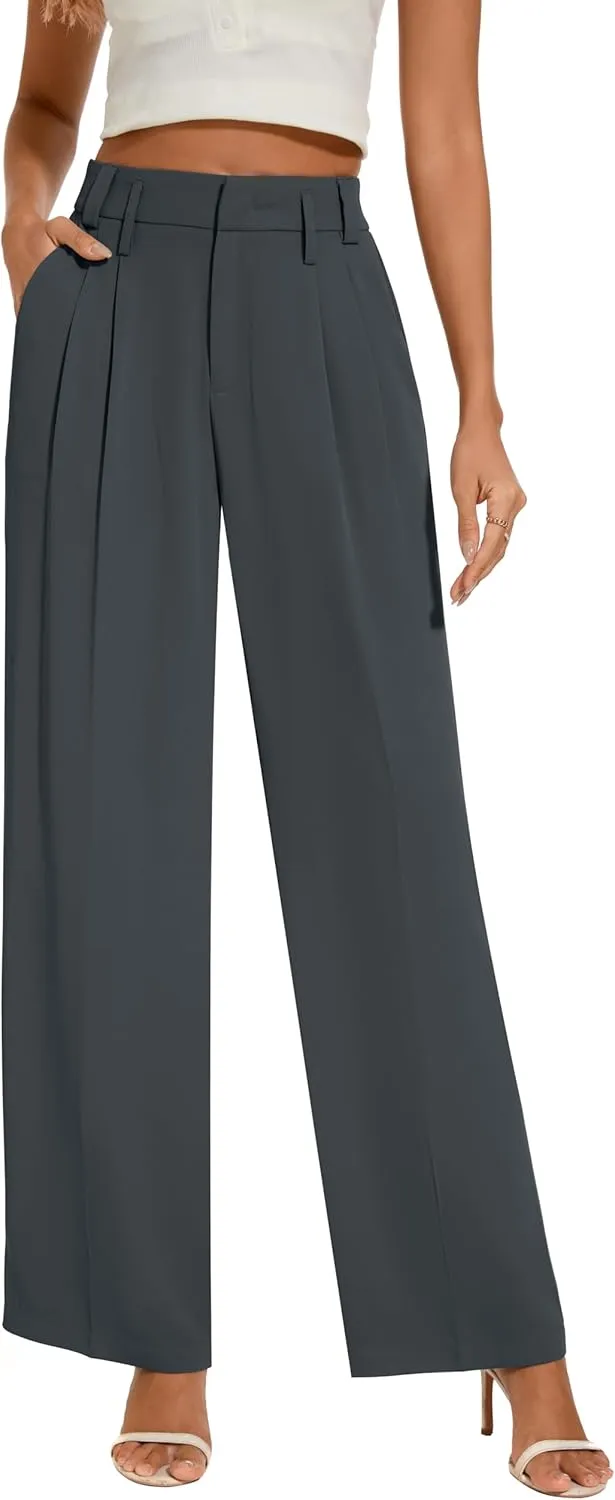 FUNYYZO Women's Loose Pleated Front Long Pants Wide Leg Trousers Solid Causal Dressy