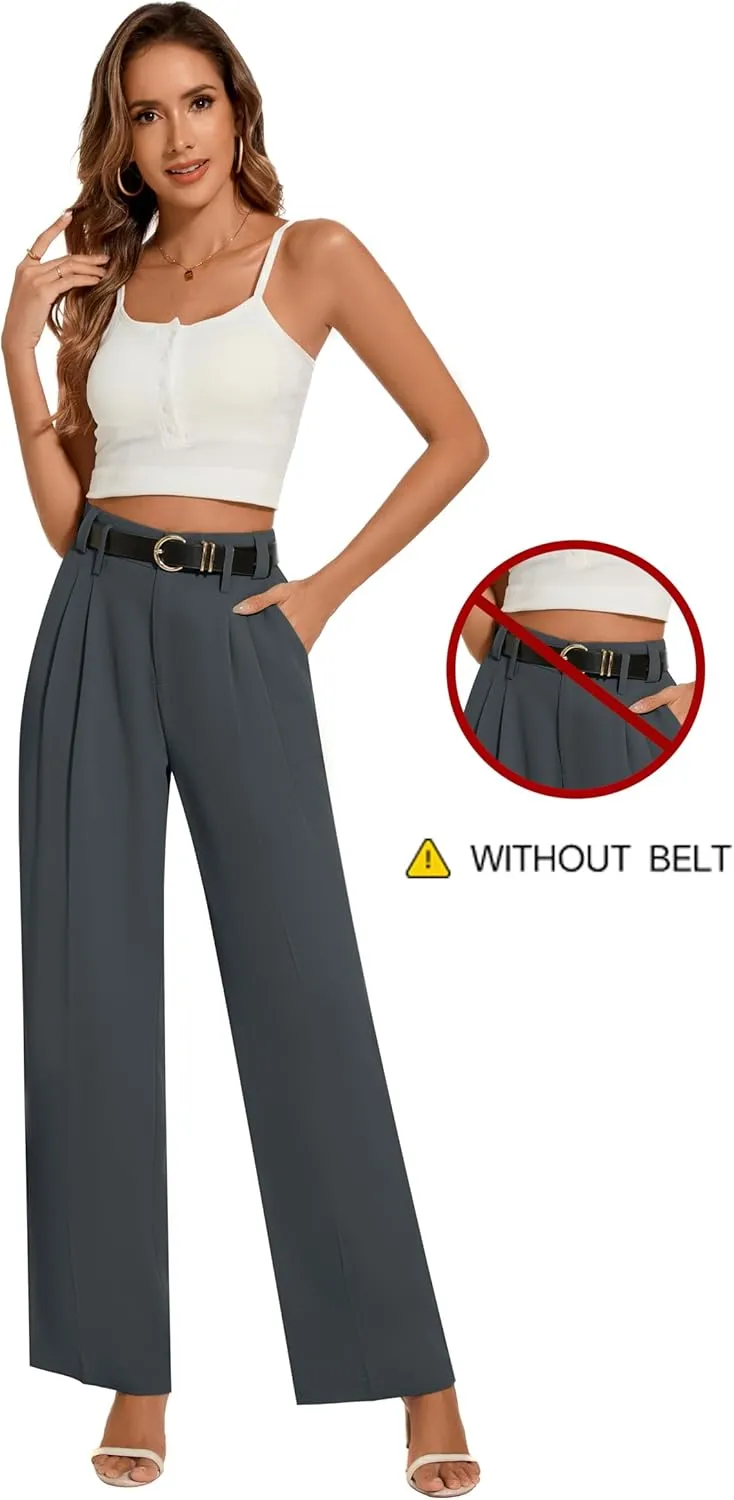 FUNYYZO Women's Loose Pleated Front Long Pants Wide Leg Trousers Solid Causal Dressy