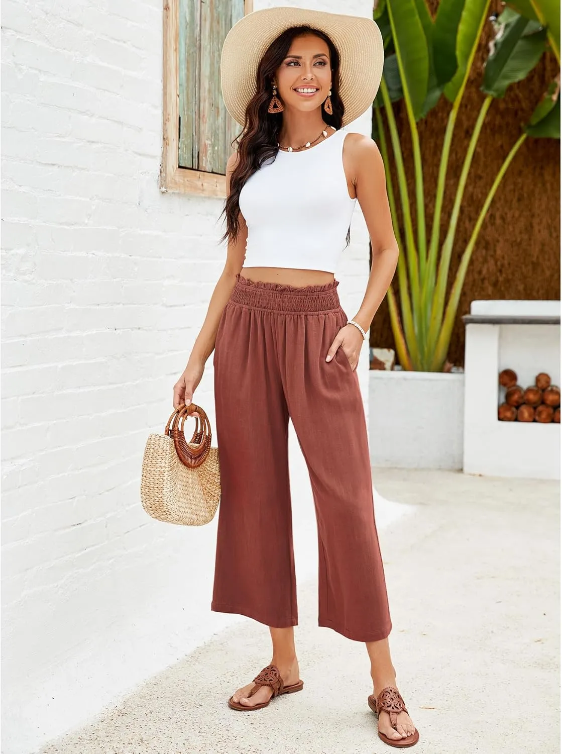 GRAPENT Capri Pants for Women High Waisted Wide Leg Linen Palazzo Trousers Pull On Elastic Smock Waist Loose Flowy Pants