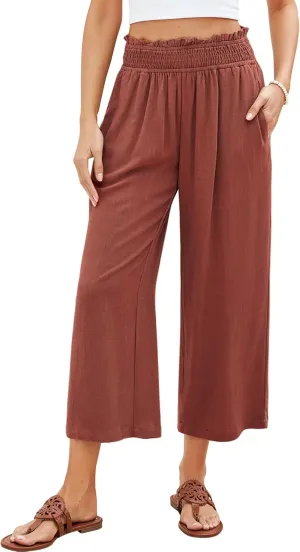 GRAPENT Capri Pants for Women High Waisted Wide Leg Linen Palazzo Trousers Pull On Elastic Smock Waist Loose Flowy Pants