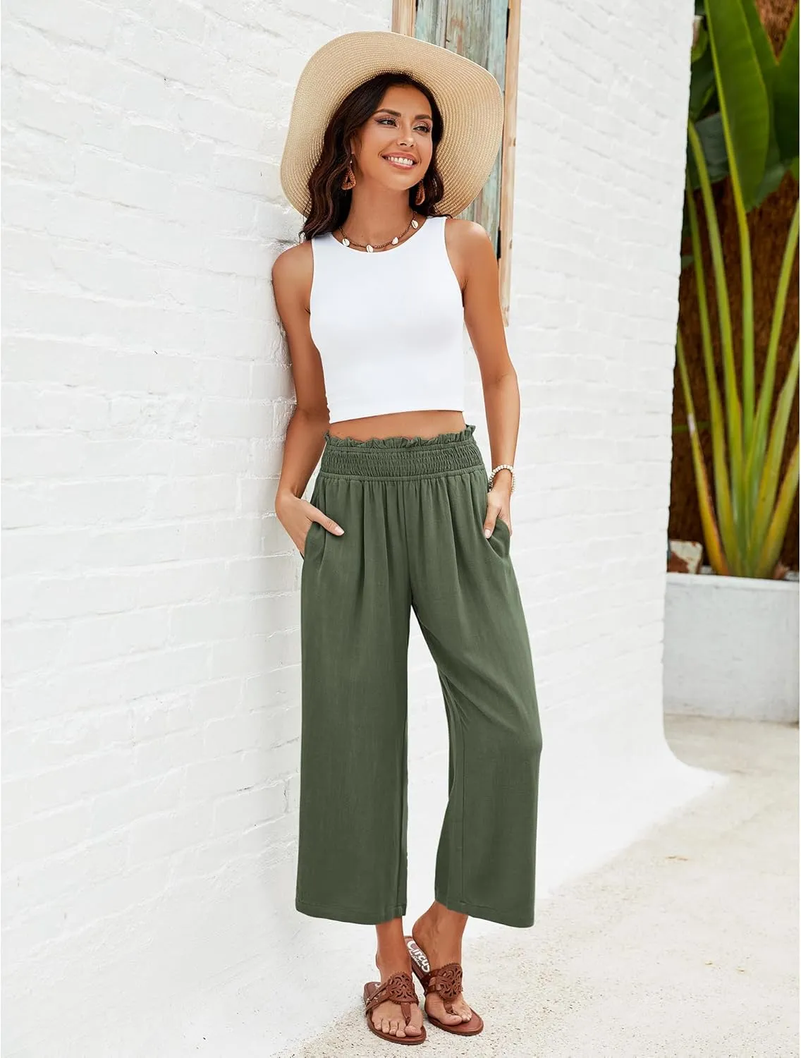 GRAPENT Capri Pants for Women High Waisted Wide Leg Linen Palazzo Trousers Pull On Elastic Smock Waist Loose Flowy Pants