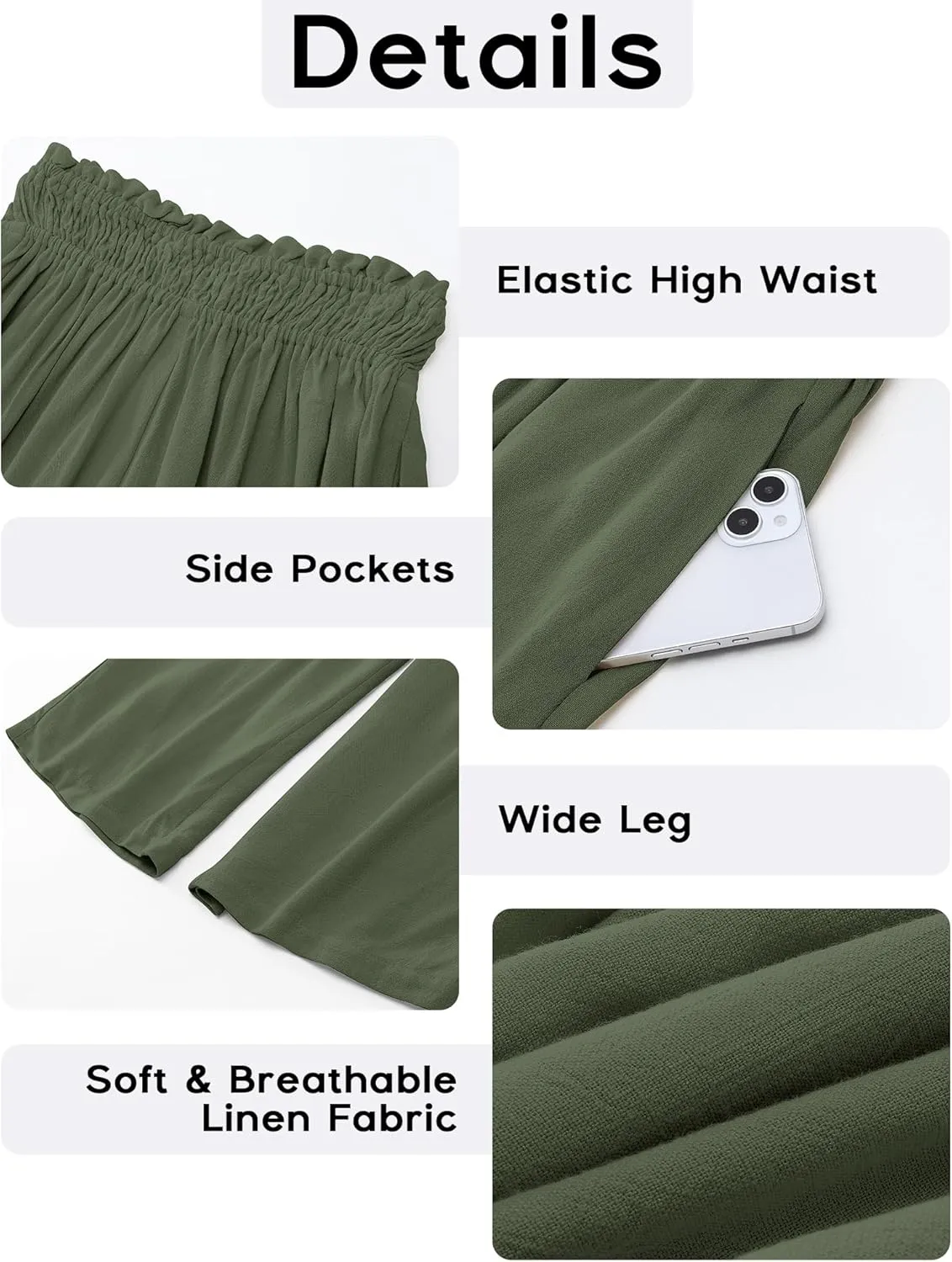 GRAPENT Capri Pants for Women High Waisted Wide Leg Linen Palazzo Trousers Pull On Elastic Smock Waist Loose Flowy Pants