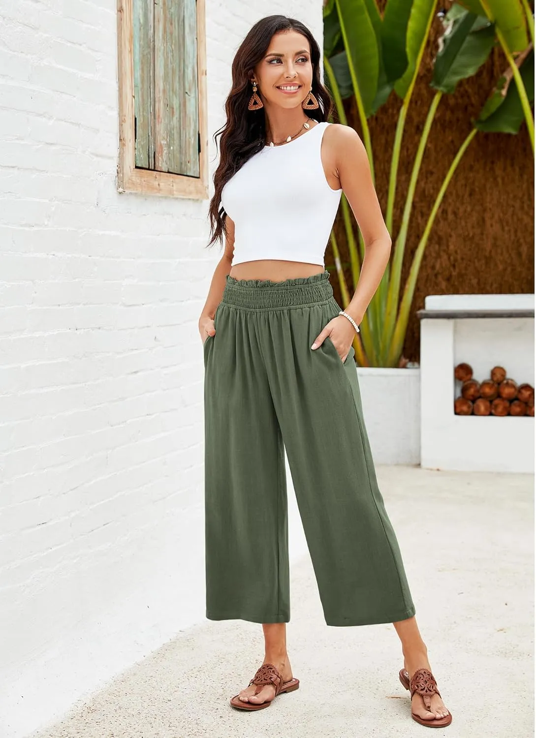 GRAPENT Capri Pants for Women High Waisted Wide Leg Linen Palazzo Trousers Pull On Elastic Smock Waist Loose Flowy Pants