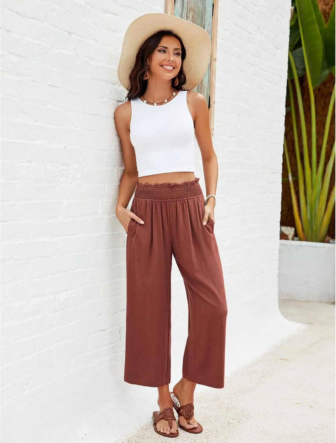 GRAPENT Capri Pants for Women High Waisted Wide Leg Linen Palazzo Trousers Pull On Elastic Smock Waist Loose Flowy Pants