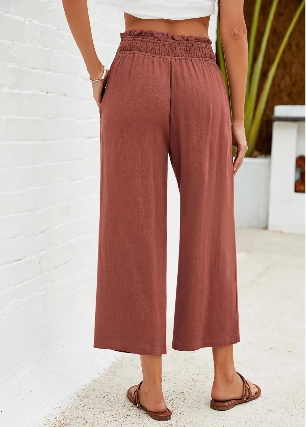 GRAPENT Capri Pants for Women High Waisted Wide Leg Linen Palazzo Trousers Pull On Elastic Smock Waist Loose Flowy Pants