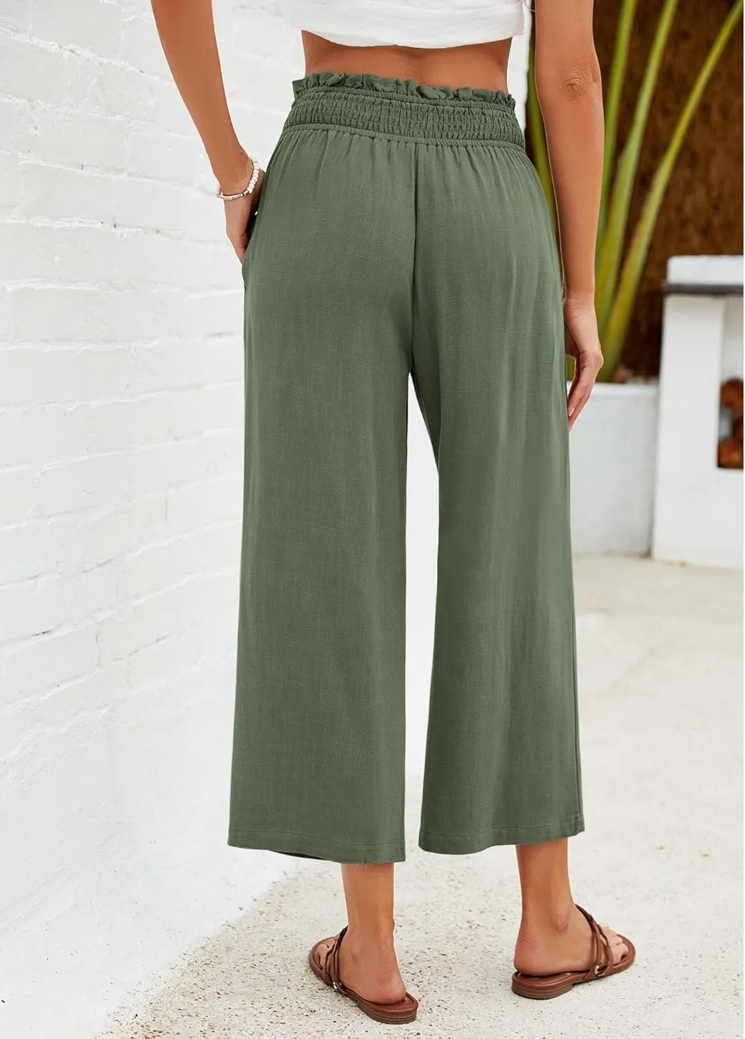 GRAPENT Capri Pants for Women High Waisted Wide Leg Linen Palazzo Trousers Pull On Elastic Smock Waist Loose Flowy Pants