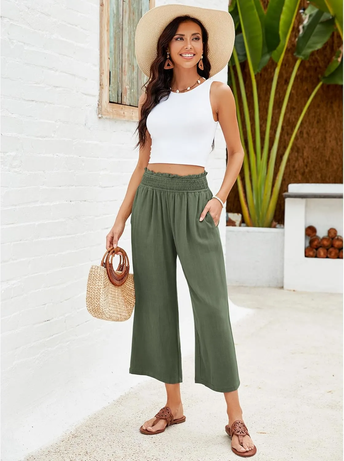 GRAPENT Capri Pants for Women High Waisted Wide Leg Linen Palazzo Trousers Pull On Elastic Smock Waist Loose Flowy Pants