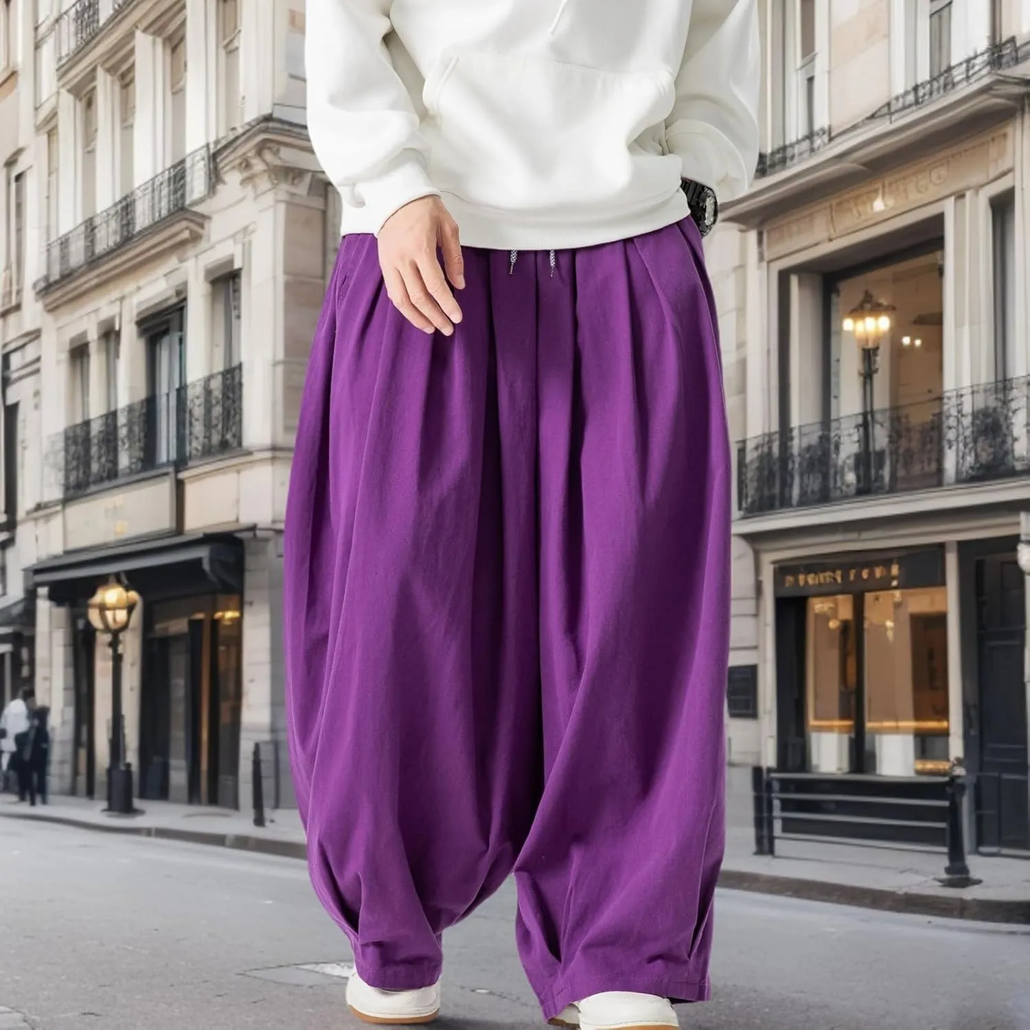 GURUNVANI Mens Wide Leg Harem Pants Japanese Loose Fit Pants Casual Elastic Waist Trouser