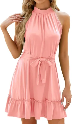 Halter Neck Dresses for Women Wedding Guest Beach Vacation Outfits Belted Sundresses Sexy Sleeveless Mini Dress
