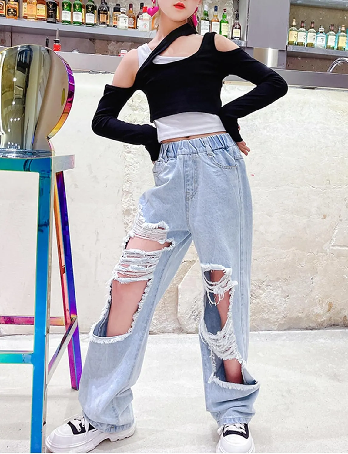 Happy Cherry Girls Jeans Straight Wide Leg Flare Denim Pants for All Seasons 5-15 Y