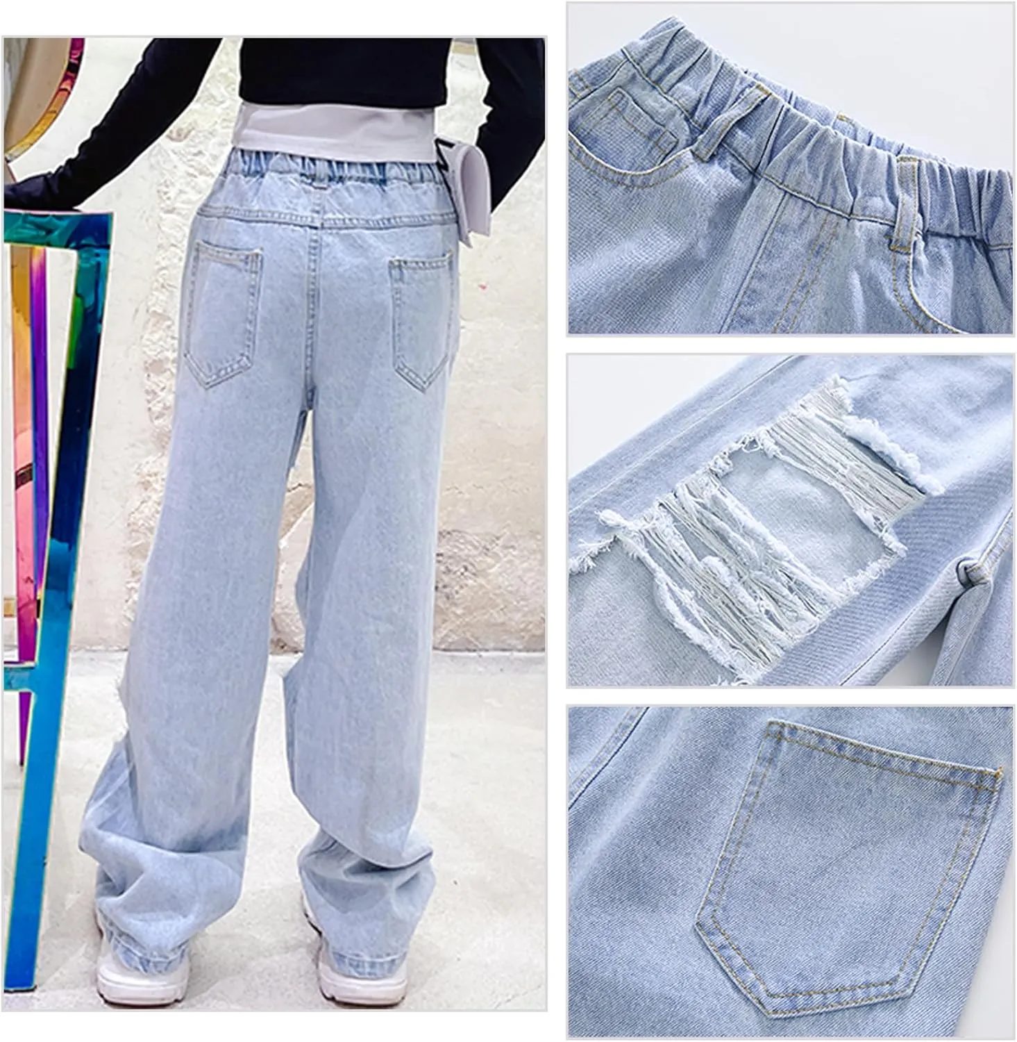 Happy Cherry Girls Jeans Straight Wide Leg Flare Denim Pants for All Seasons 5-15 Y