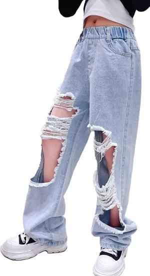 Happy Cherry Girls Jeans Straight Wide Leg Flare Denim Pants for All Seasons 5-15 Y