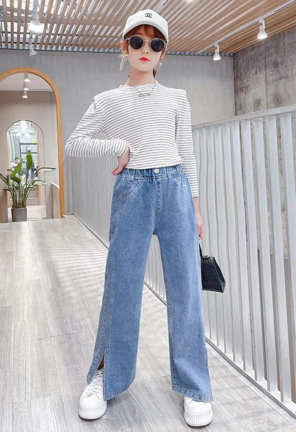 Happy Cherry Girls Jeans Straight Wide Leg Flare Denim Pants for All Seasons 5-15 Y