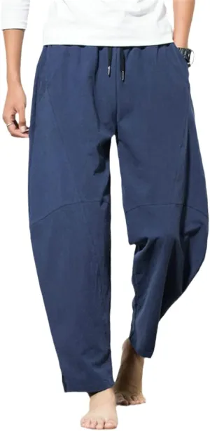 Harem Pants Men's Cotton Linen Loose Pants Male Casual Solid Color Pants Trousers Chinese Style Plus Size Sweatpants Dark Blue XXXL