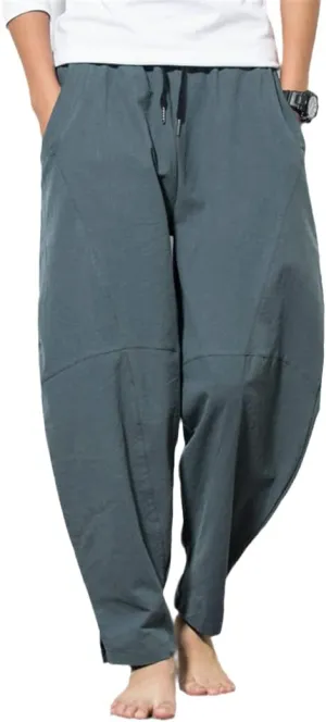 Harem Pants Men's Cotton Linen Loose Pants Male Casual Solid Color Pants Trousers Chinese Style Plus Size Sweatpants Grey Green L