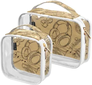 Headphone-brown-paper 2 Pack Clear Toiletry Bag Women Men, Portable Waterproof Clear Pouch, Cosmetic Bag with Double Zippers Large Opening Traveling with Handle for Bathroom Traveling Vacation Organiz